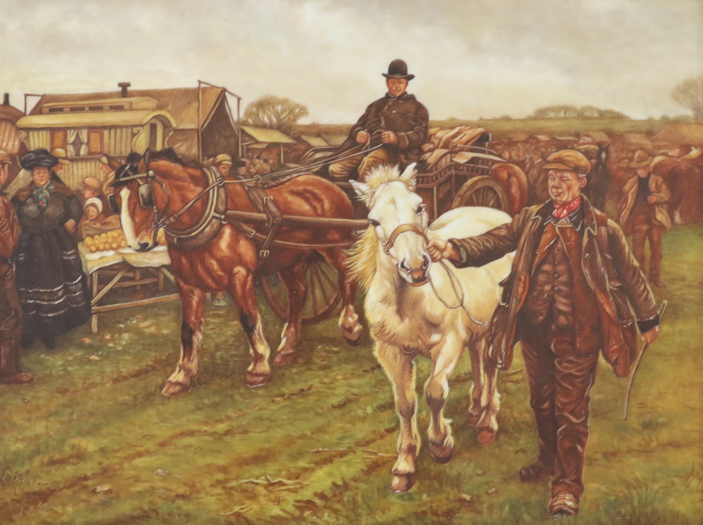 Leighton Maybury after Sir Alfred Munnings - a set of four porcelain plaques depicting horse fairs, 24 x 32cm, excluding frames and mounts